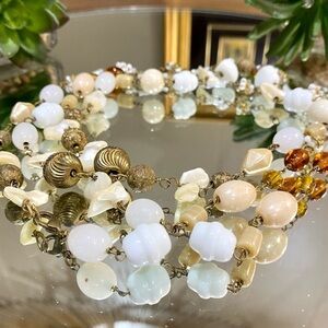 Vintage Long 45” Art Deco Czech Necklace Beaded Glass Bohemian MOP White Cream